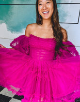 Fuchsia A-Line Off The Shoulder Short Tulle Party Dress